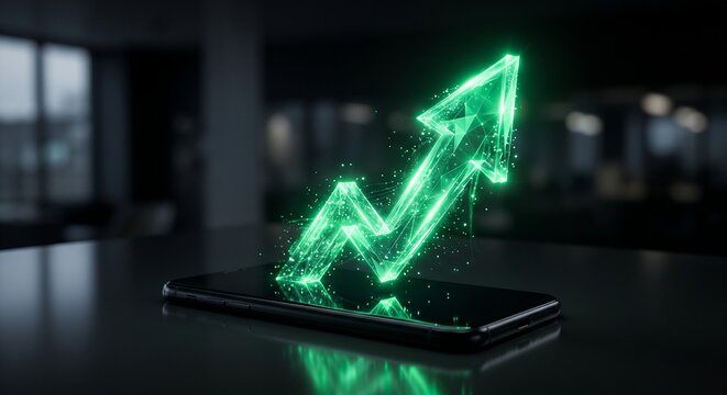 3D holographic green arrow pointing upward emerging sleek black smartphone