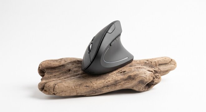 Sleek ergonomic vertical wireless mouse resting natural driftwood white background