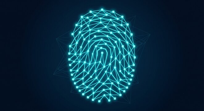 Glowing cyan fingerprint connected blockchain nodes dark blue background
