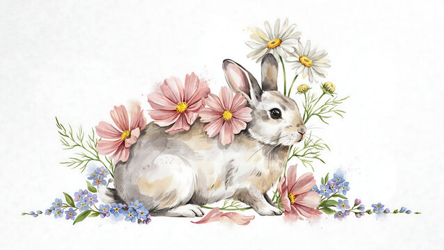 A cute fluffy rabbit sitting among pink flowers and daisies isolated on a transparent background