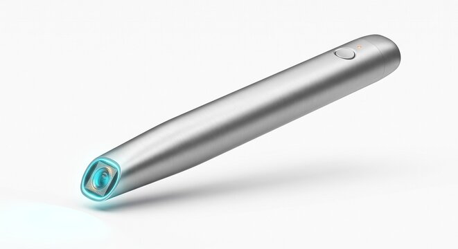 Sleek minimalist metallic reading pen glowing optical scanner tip isolated