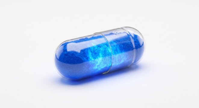 Clear pharmaceutical capsule filled glowing blue powder cognitive enhancement concept