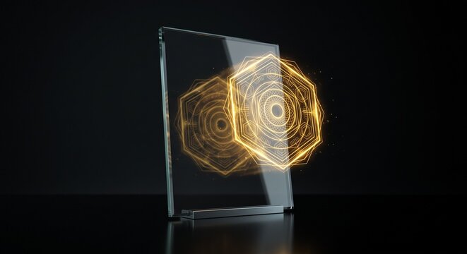 Sleek glass panel projecting glowing gold geometric seal digital diploma