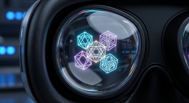 Macro sleek VR headset lens refracting glowing 3D math puzzle