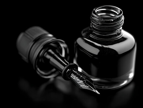 Close-up of an open black ink bottle with a glass nib pen lying beside it on a reflective black surface