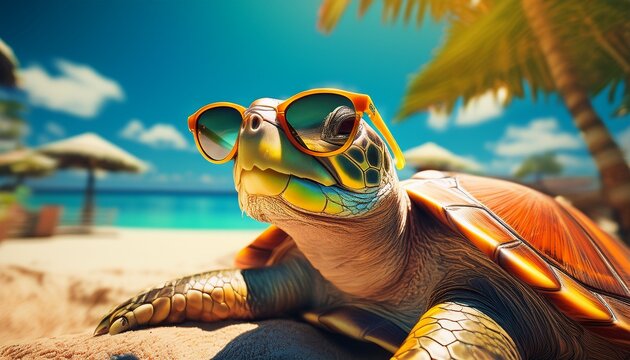 turtle in sunglasses resting and sunbathing in the sun summer vacation background generative ai