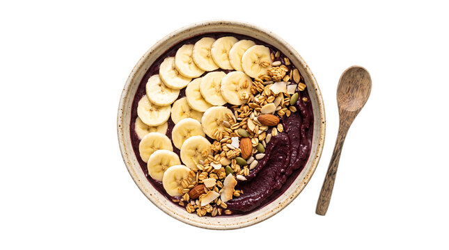 A delicious acai bowl with sliced bananas and granola on transparent background Typical brazilian food,