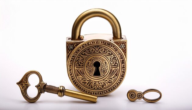 antique brass padlock with intricate engravings and matching key isolated on white background
