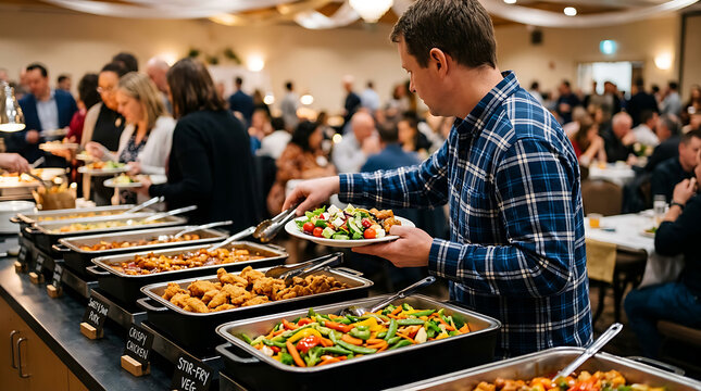 People enjoying buffet food at a restaurant