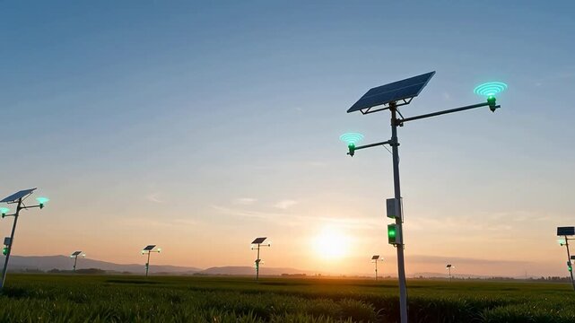 Solar-powered IoT nodes with green LEDs blinking in a farm field, forming a wireless sensor network.