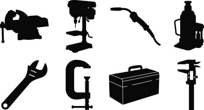 Vector silhouettes of workshop and mechanical tools including vise, drill press, welding torch, jack, wrench, clamp, toolbox, and caliper