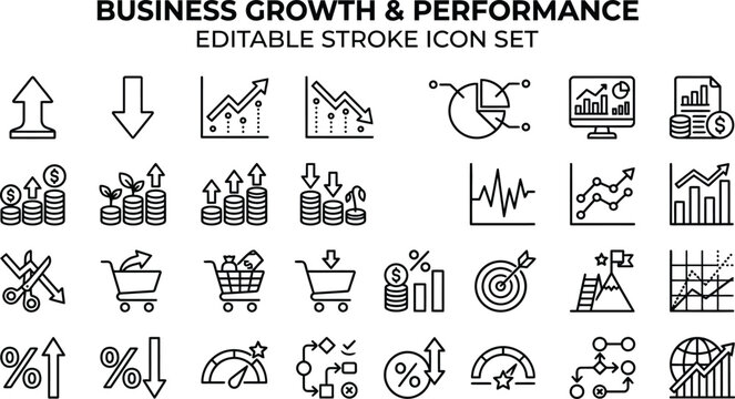 Business growth and performance vector icon set with editable strokes for corporate reports