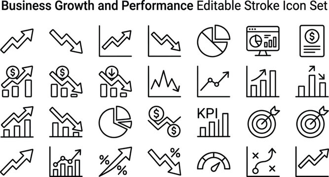 Business growth and performance outline icon collection for financial data and analytics