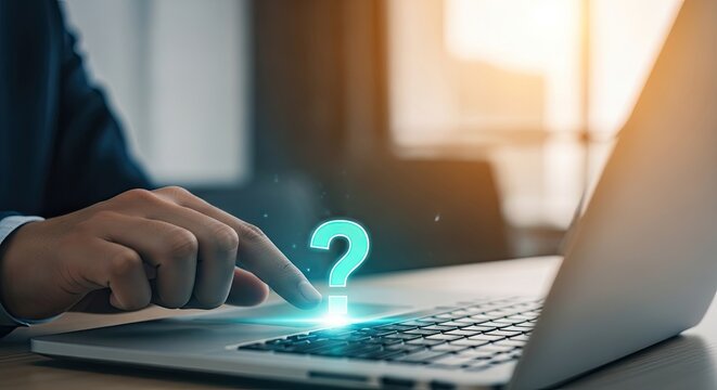 Question mark cursor on laptop keyboard problem solving concept