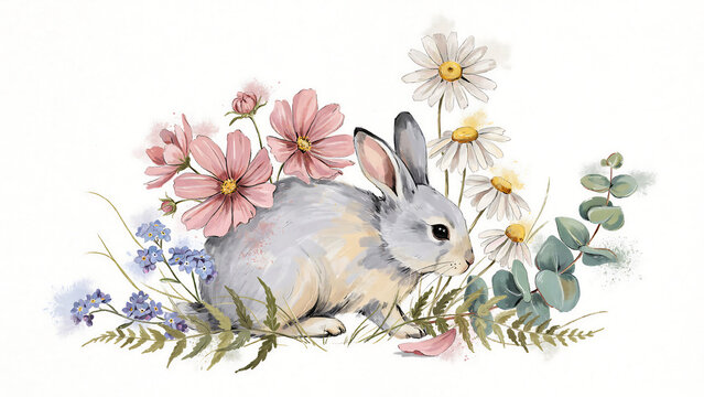A cute gray bunny sitting among pink cosmos and white daisies isolated on a transparent background