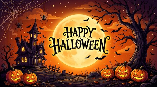 Happy halloween greeting card with haunted house and pumpkins