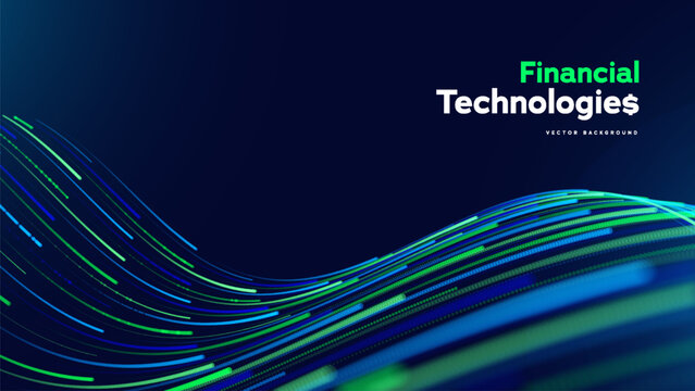 Financial Technology Data Wave Digital Finance Layout Shows Flowing Lines For App Landing Page, Investment Platform, Payment Banner, And Corporate Presentation Cover. Vector Illustration.
