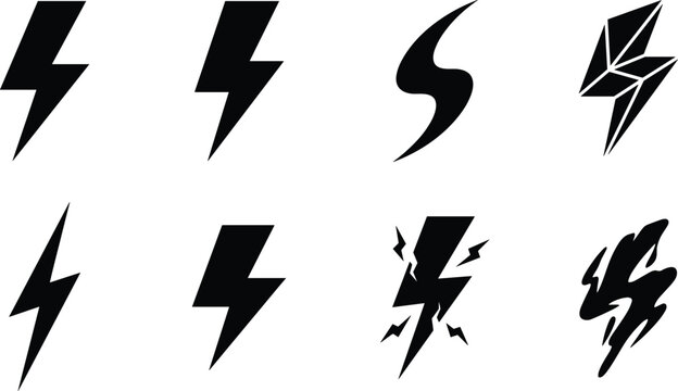 Set of eight stylized lightning bolt illustrations featuring bold, curved, geometric, and dynamic designs symbolizing energy, electricity, and power