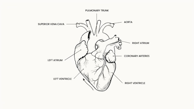 Detailed anatomical illustration of a human heart with labeled parts