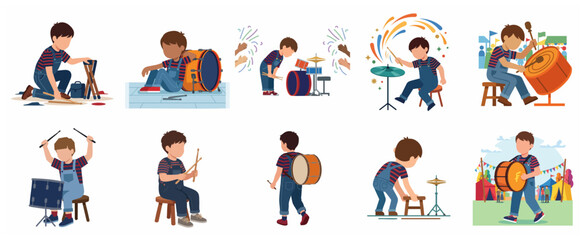 Collection of cute boy drummer illustrations playing various percussion instruments in different musical scenes