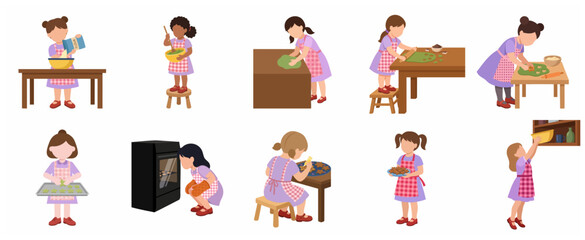 Set of cute little girls baking cookies. Steps of culinary process including mixing, kneading, rolling, and decorating. Flat vector illustration isolated on white for kids learning and hobbies.