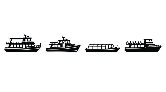 A lineup of four different types of boats including a yacht, fishing boat, passenger vessel, and work boat on a plain