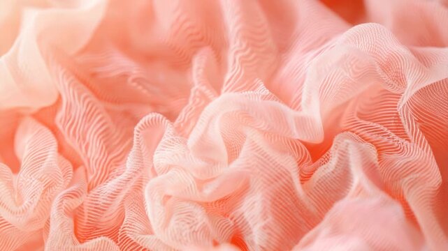 Delicate peach chiffon fabric with soft ruffles and translucent, silky texture