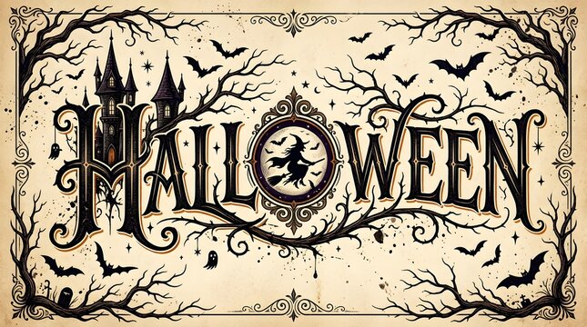 Vintage gothic halloween illustration with haunted castle and witch