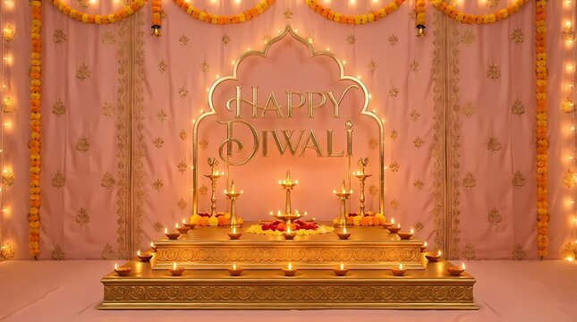 Happy Diwali golden altar with oil lamps and garlands.
