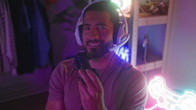 Man holding black gamepad and wearing white gaming headset, hand extended toward camera while smiling and pressing buttons in studio lit by neon signs; fun.