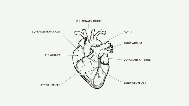 Detailed human heart anatomy diagram with labeled parts for educational purposes