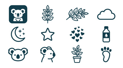 Set of twelve minimalist dark blue line icons on white background including koala bears, eucalyptus branches, crescent moon, stars, clouds, hearts, water bottle, potted plant, and paw print. © Latifatul
