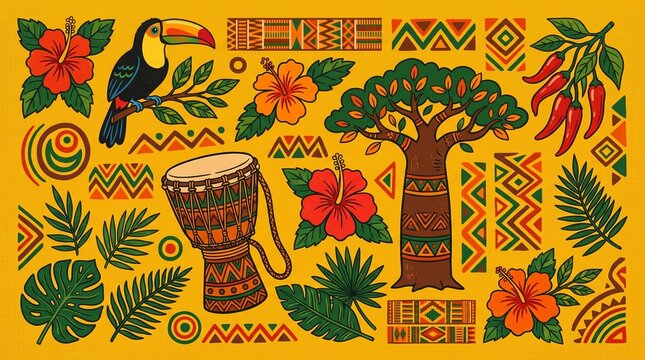 African cultural elements with toucan tree drum and hibiscus flowers