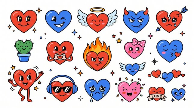 Collection of Cute Cartoon Hearts with Different Emotions and Styles