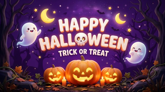 Happy halloween trick or treat festive illustration with pumpkins and ghosts