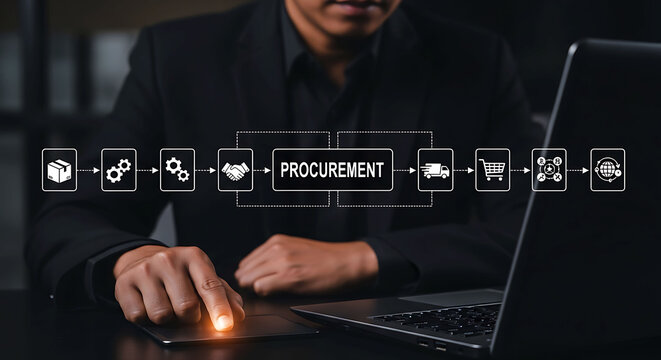 Businessman managing procurement process supply chain logistics on laptop computer
