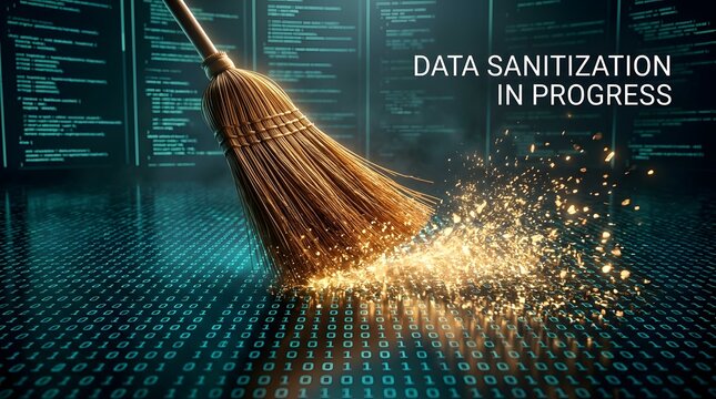 Conceptual digital data sanitization in progress with a sweeping broom clearing glowing binary numbers from a computer screen