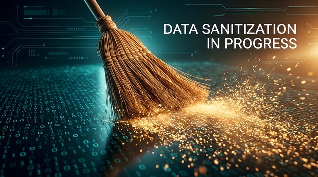 Conceptual 3D render of a broom sweeping glowing binary code for data sanitization and digital cleanup process