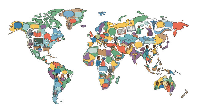 World Map Composed of Diverse Communication Symbols, Languages, and People