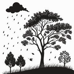 Fototapeta premium Silhouette graphic of rainy weather in a park with trees and grass silhouette landscape woodland