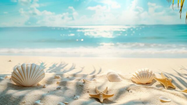Sunlit tropical beach scene with seashells and starfish on soft sand by a turquoise ocean