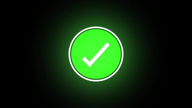 Check mark animation inside glowing green circle button. Check mark success and confirmation approval token. Check mark completed choice milestone on black.