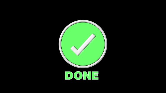 Check mark animation inside white 3d circle with letter d. Check mark success and confirmation approval token. Check mark completed choice milestone on black.