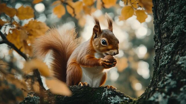 Red squirrel perched on a mossy tree branch holding a nut amid golden autumn leaves