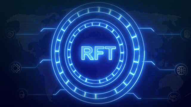 Circular interface animation with rft acronym hud layout. Circular interface global world map background. Circular interface text tracker display panel on black.