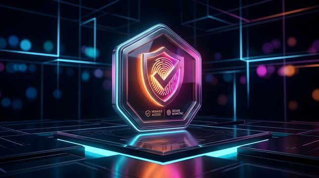 Glowing 3D biometric security shield with fingerprint and checkmark representing verified access and digital identity authentication
