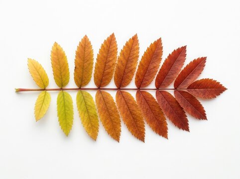 A single pinnate rowan leaf showing vibrant autumn colors of yellow orange and red gradient on a branch isolated on white background