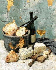 Image of Rustic Still Life with Wine, Cheese, and Bread printed on Printed Glass Splashbacks