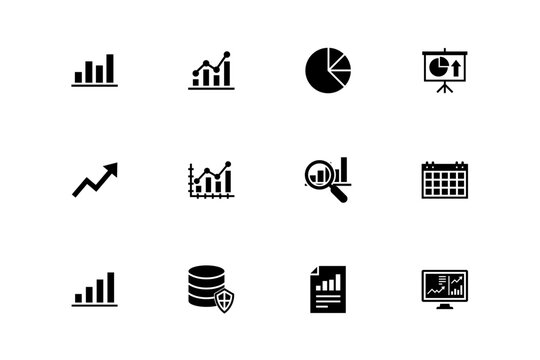 Collection of business analytics icons representing growth, charts, and data reports