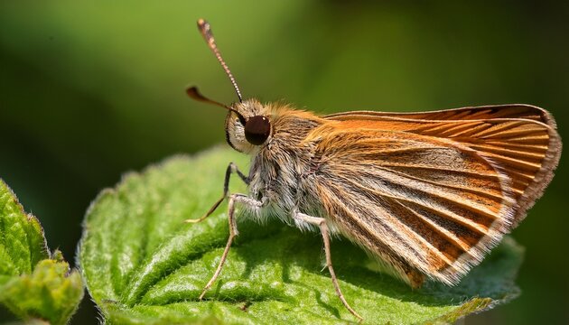 Silver Spotted Skipper Butterfly Perched On Green Leaf Close Up Macro